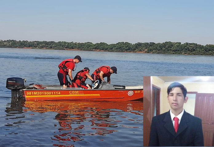 Foto montagem: Bombeiros realizando as buscas e foto da vítima das redes social